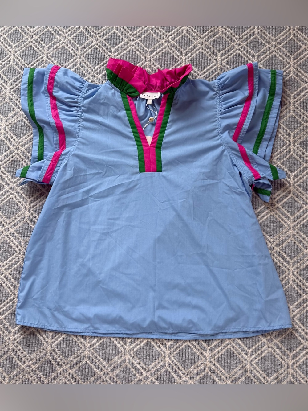 Entro Darcy Top- Light Blue with Pink & Green Trim